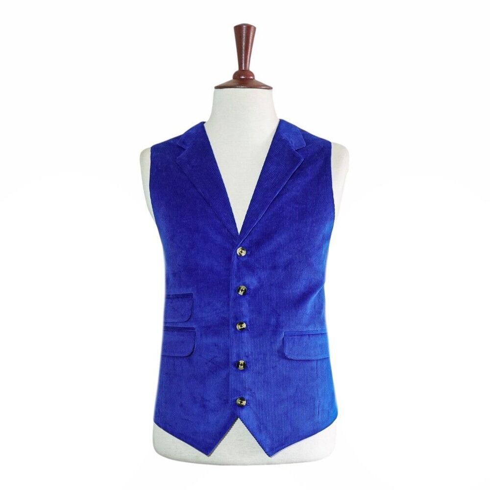 Mens 46R Royal Blue Corduroy Vest Waistcoat Formal Wedding Party Preppy Casual